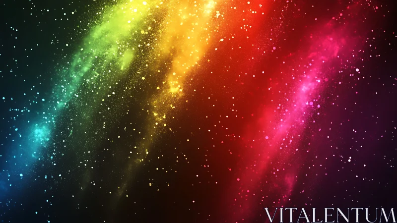 Drifting rainbow nebula trail lighting up a cozy night sky.