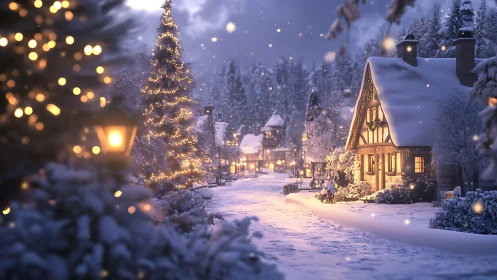 Snowlit village street hums softly with golden winter lights