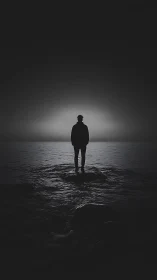 Silhouette of solitary figure on shoreline against dim horizon.