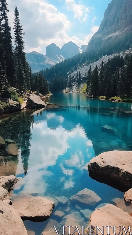 Vertical alpine lake vista with reflective symmetry composition.