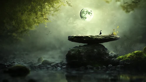 Digital painting of lunar-lit forest monolith with bird sentinel.