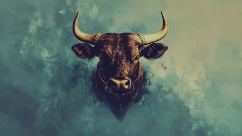 Textured bull head illustration in teal atmospheric haze field