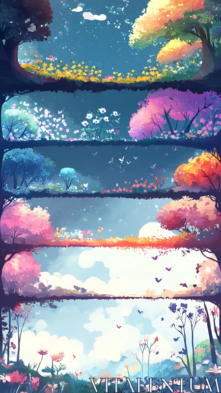 Layered fantasy forest skyline with luminous seasonal color fields.