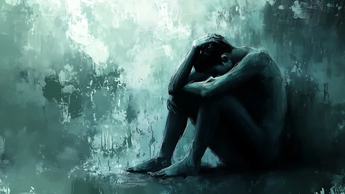 Solitary figure curls inward amid cold abstract shadows