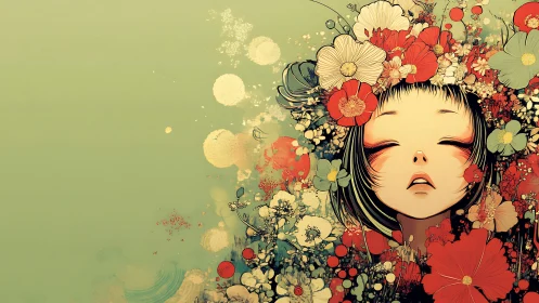 Dreaming girl sinks into blooming red and white flowers.