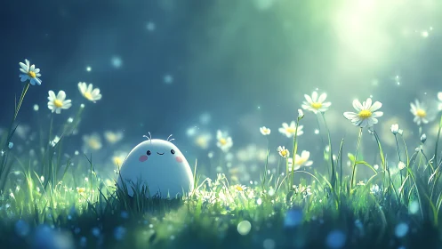 Round white character in soft-lit meadow with daisies.