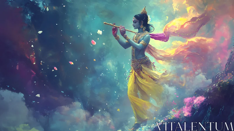 Mythic flute player in ornate garments amid clouds.