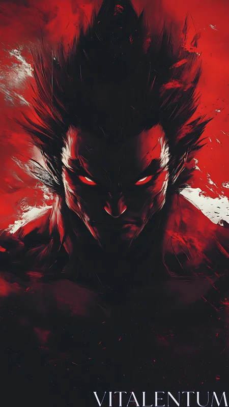 Shadowed muscular figure with glowing eyes in red background.