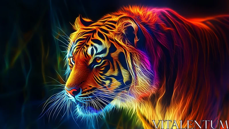 Neon colored tiger profile rendered in glowing abstract lines.