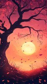 Autumn tree silhouette framing glowing sunset moonlit sky.