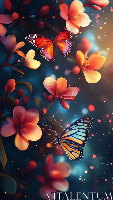 Glowing butterflies drift through neon blossoms at twilight