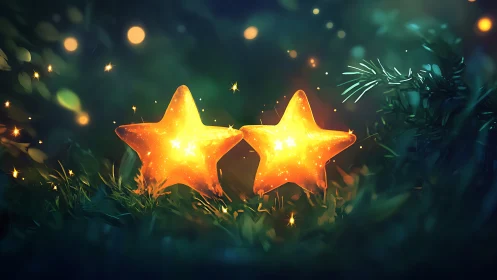 Two luminous star-shaped objects rest on grass at night