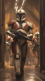 Armored sci fi soldiers march down dim metallic corridor.