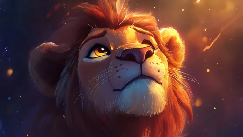 Stylized digital portrait of a lion head in warm light.