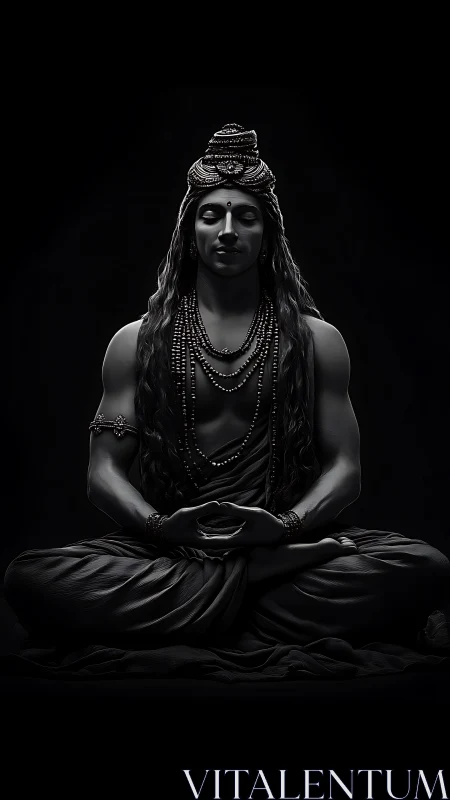 Monochrome meditative deity sculpture in deep shadowed silence.