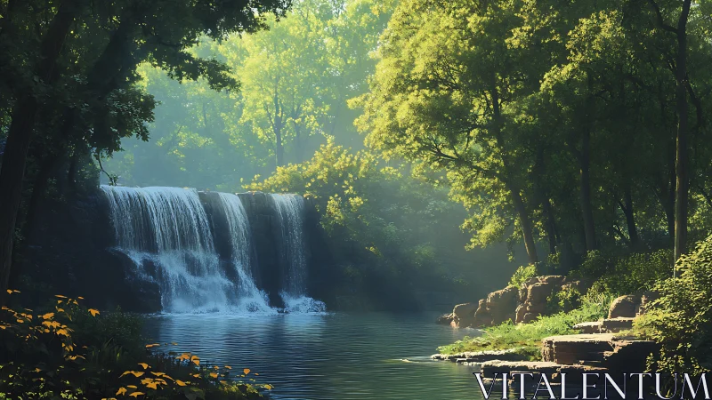 Sunlit forest waterfall welcoming quiet wanderers.