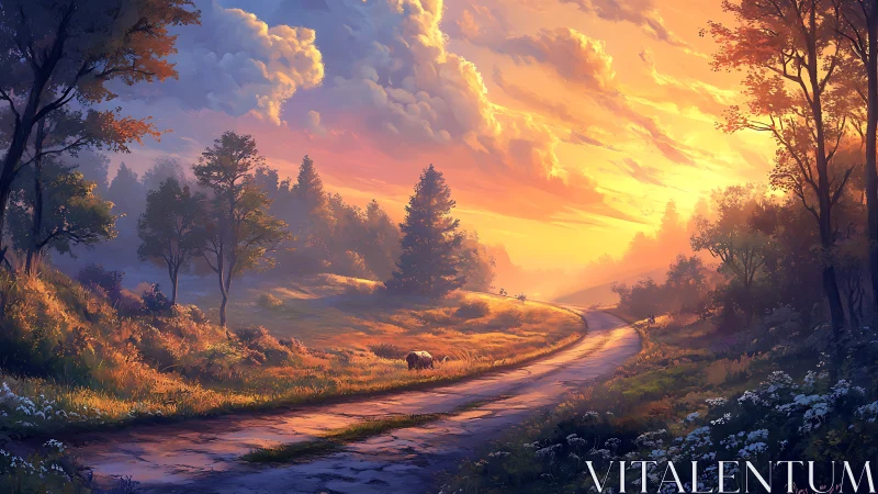 Sunlit country road curves through glowing autumn valley