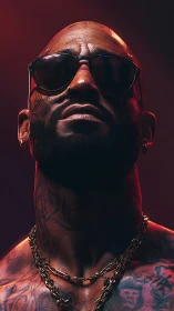 Tattooed man in sunglasses dominates moody red portrait.