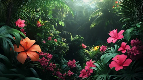 Lush jungle blooms glow under misty emerald canopy.