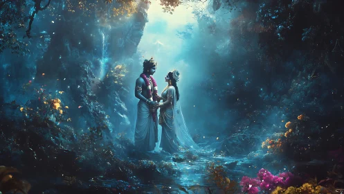 Moonlit divine lovers in a shimmering enchanted forest reverie.
