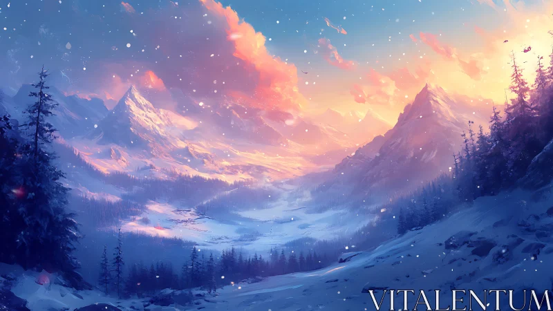 Spectral alpenglow over snow-laden glacial valley panorama.