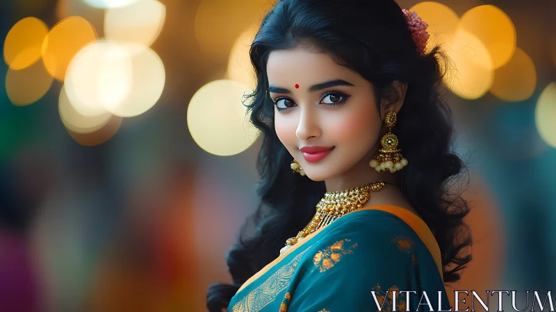 Ultra-refined digital portrait of woman in sari with bokeh lighting