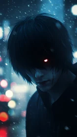 Cybernetic loner gazes through neon snowfall at midnight.