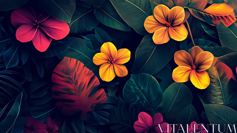 Vibrant Floral Composition with Tropical Foliage and Layered Petals.