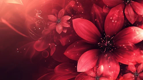 Digital rendering of layered red flowers with particle effects