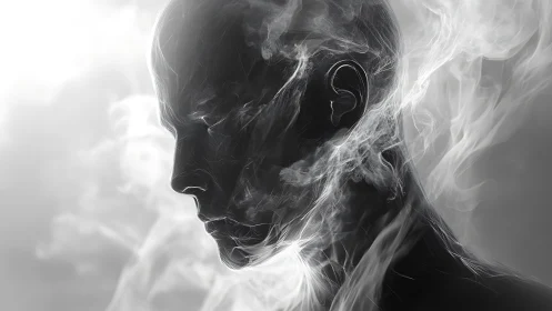 Silhouetted smokelike head dissolving into ethereal haze.