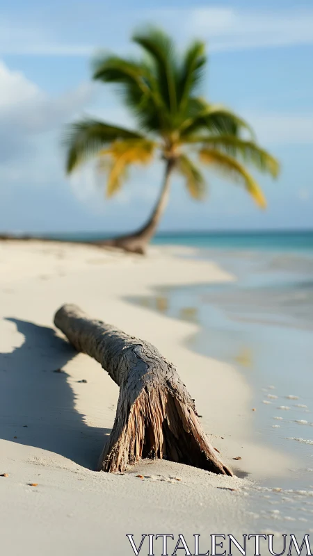 Weathered Driftwood Fragment on Pristine Sandy Shore with Tropical Palms