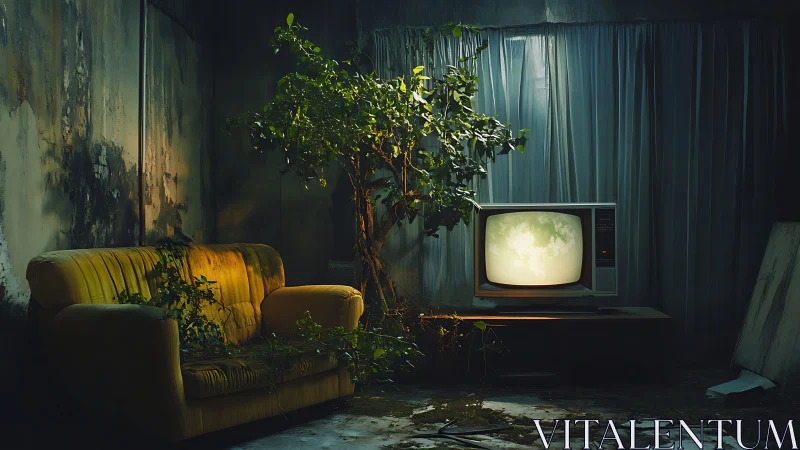 Post-human lounge with overgrown sofa and luminous CRT display.