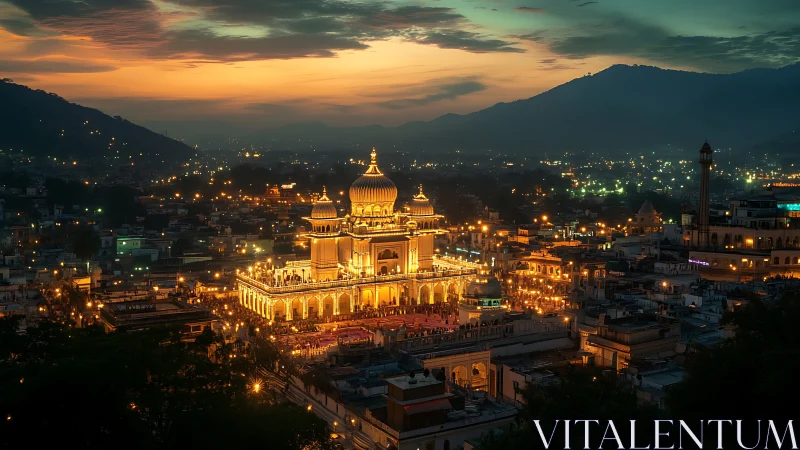 Golden domes ignite a twilight cityscape in warm celebration.