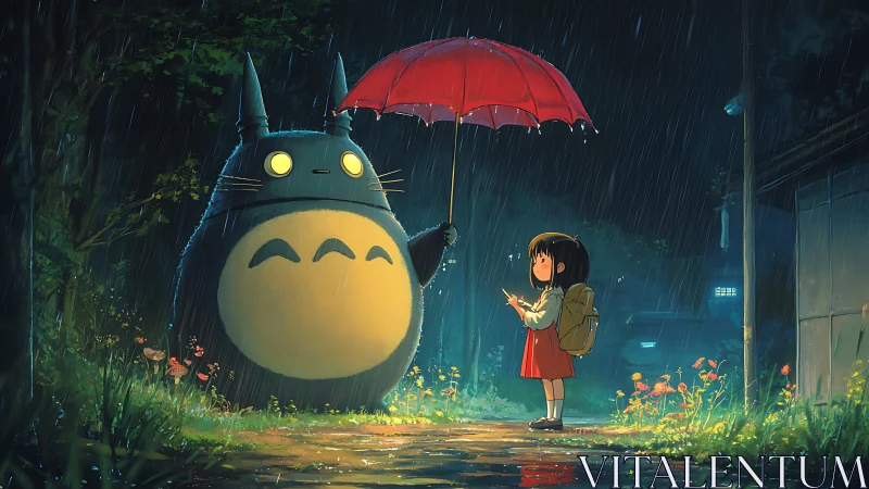 Gentle forest spirit shares a bright umbrella on rainy night.