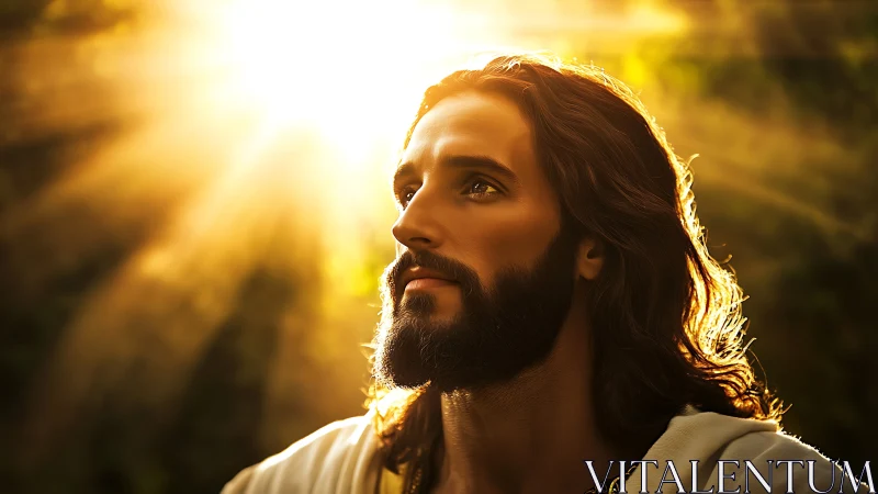 Radiant bearded figure in golden backlight, contemplative gaze.