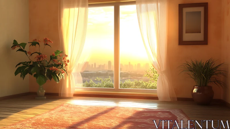 Photorealistic sunlit interior with cityview window framing.
