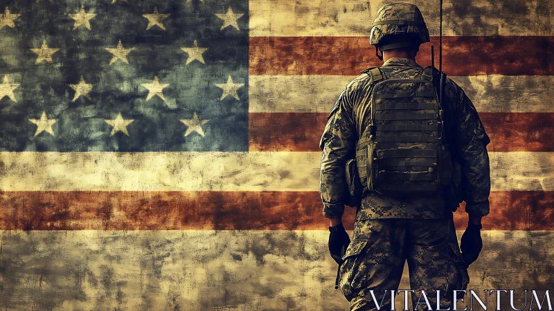 Battleworn soldier before weathered American flag wall.
