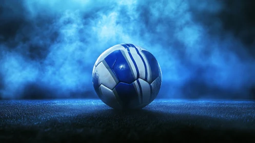 Blue soccer ball on turf under dramatic stadium lighting.