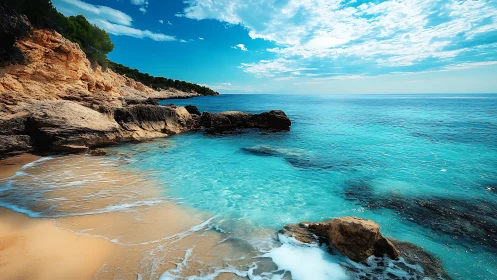 Rocky coastal inlet with clear turquoise water and sand