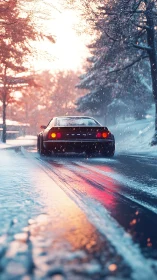 Retro sports car chasing neon dawn through soft snowfall.