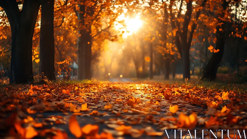 Sunlit autumn park path with glowing orange leaf carpet.