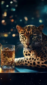 Leopard with Whiskey Glass in Cinematic Bokeh Setting.
