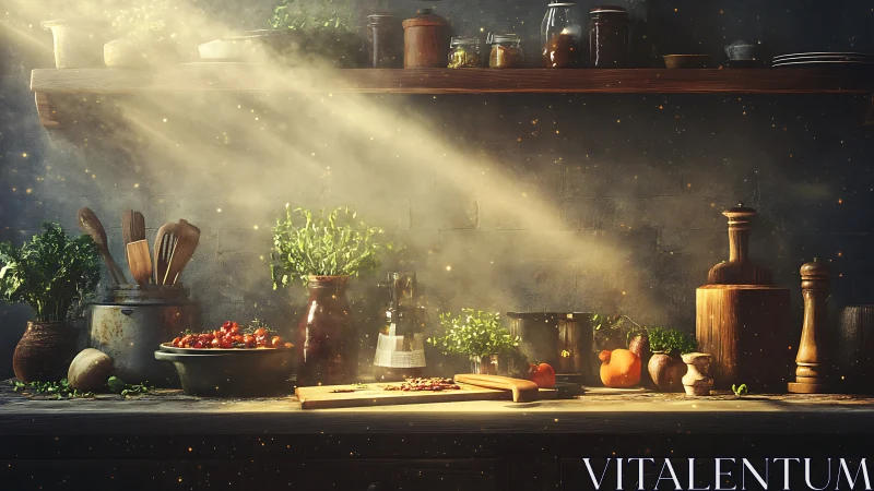 Sunlit rustic kitchen counter with herbs and utensils arranged.