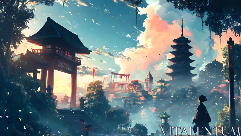 Sunlit mountain temple city under drifting pastel clouds.