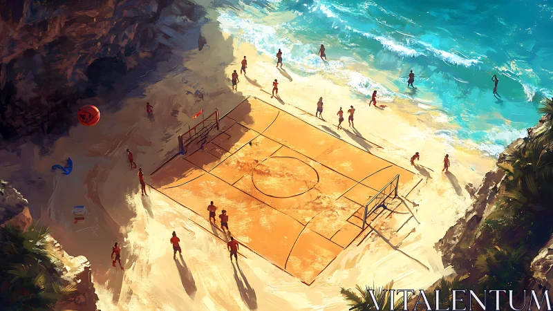 Coastal basketball court under warm sunset illumination.