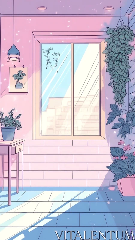 Sunlit pastel balcony interior with lush hanging greenery.