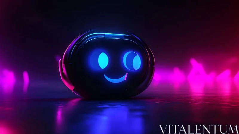 Glowing neon robot face with playful smile in dark studio.