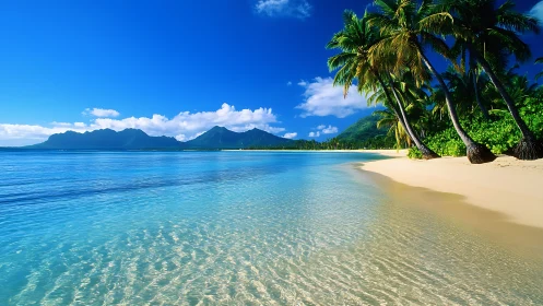 Pristine tropical beach with crystal turquoise waters and island mountains.