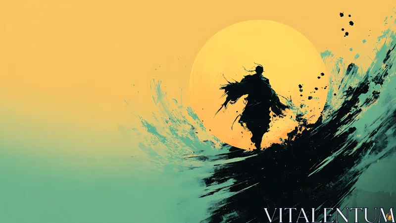 Lone warrior strides through tidal ink beneath burning sun.