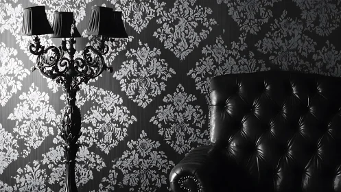 Black leather chair and ornate floor lamp against damask wall.